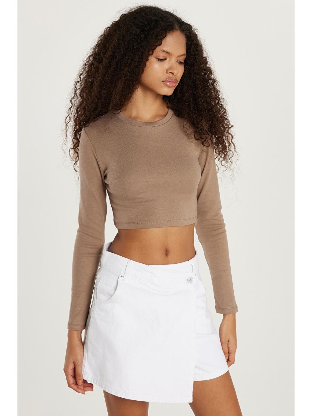 Kahverengi Kadın Slim Fit Modal Kumaş Pamuklu Bisiklet Yaka Vizon Bluz-3