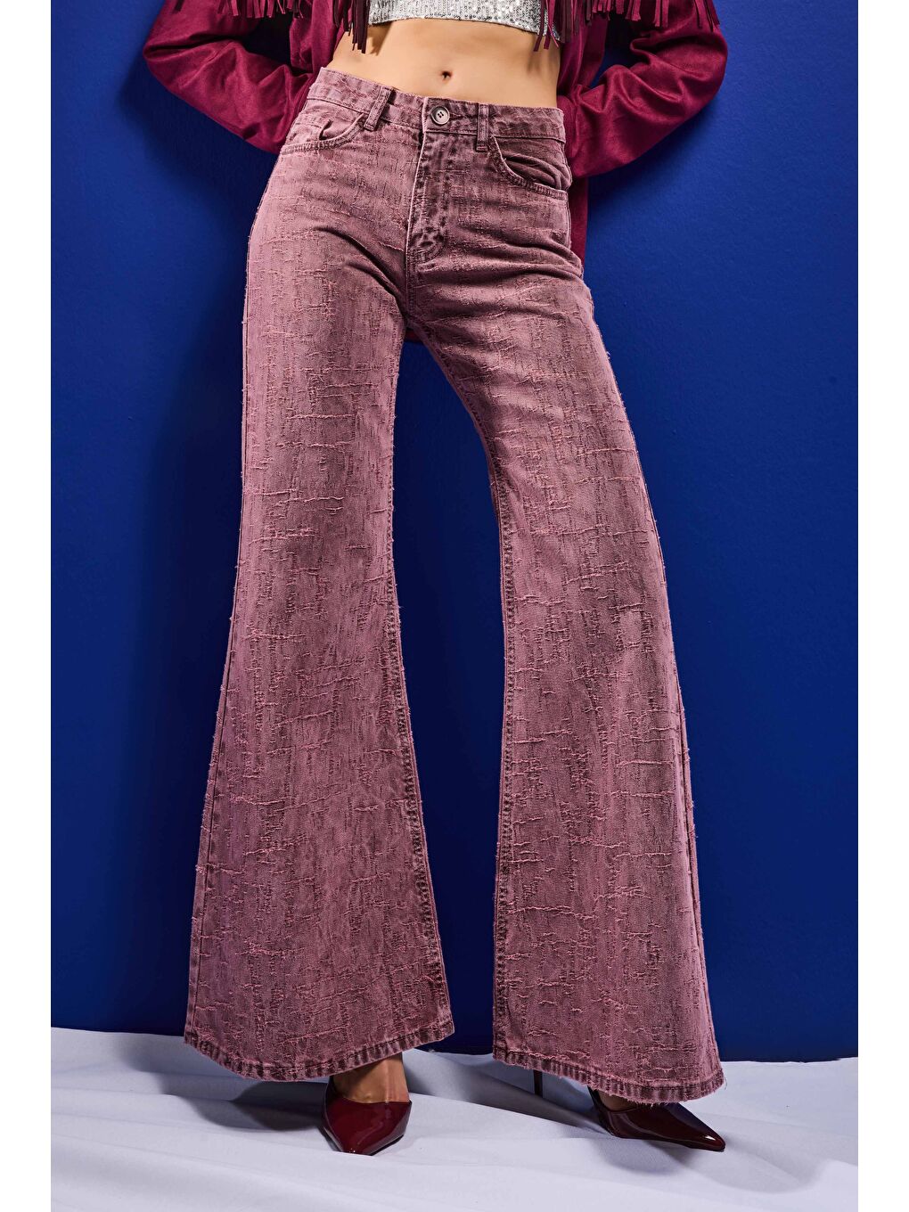 Pembe Kadın Gül Kurusu Renk 6s6-98 Flare Fit Özel Kumaş Tasarım Denim Jean