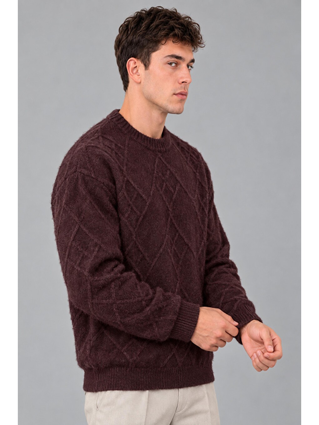 Bordo Çapraz Desen Oversize Kışlık Kazak Dp 17567_10066-1