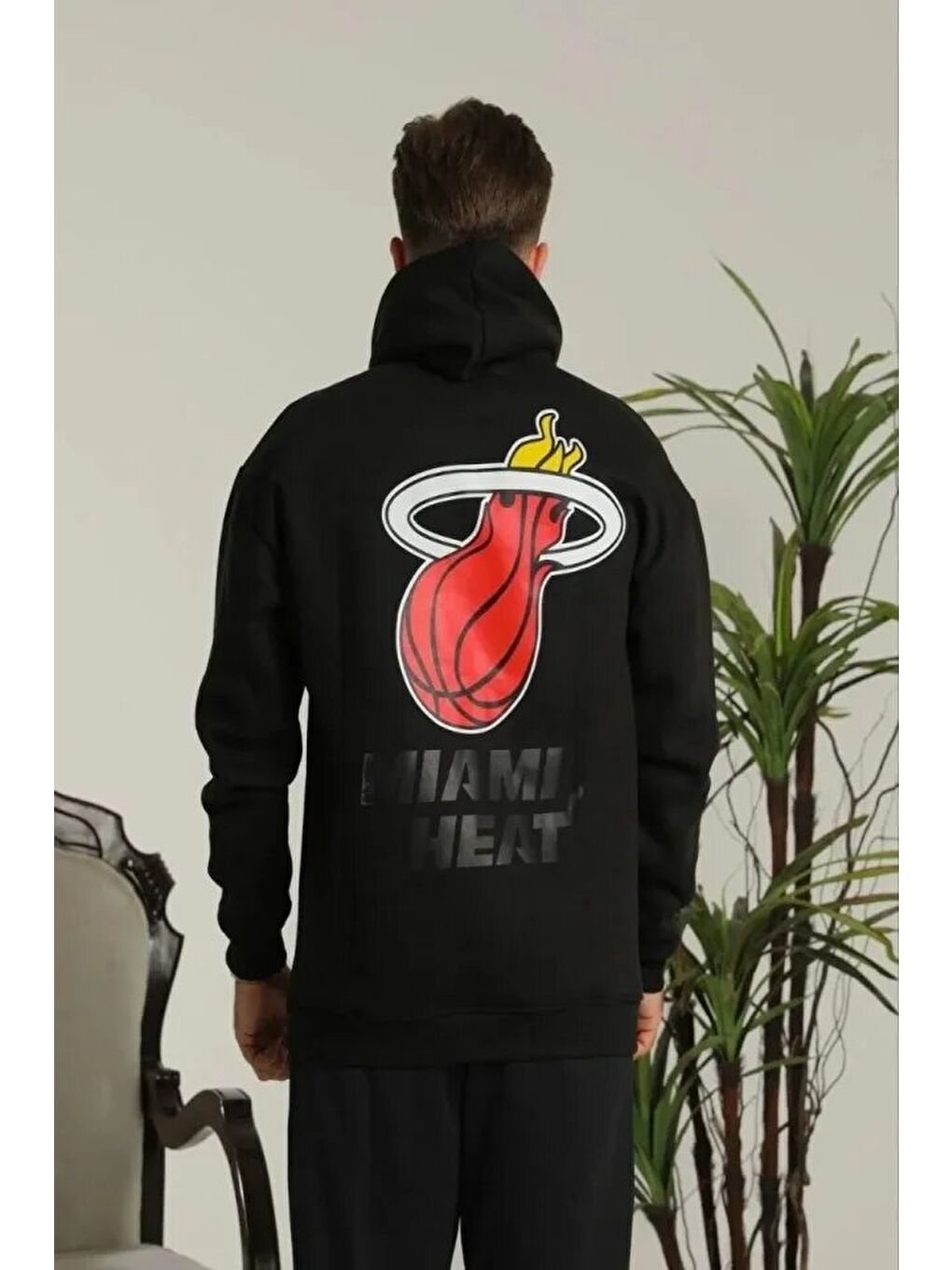 Siyah Erkek Oversize Üç İplik Kapüşonlu Sweatshirt –Sırt Ve Ön Baskılı, Kanguru Cepli, Rahat Kalıp Maskot-1