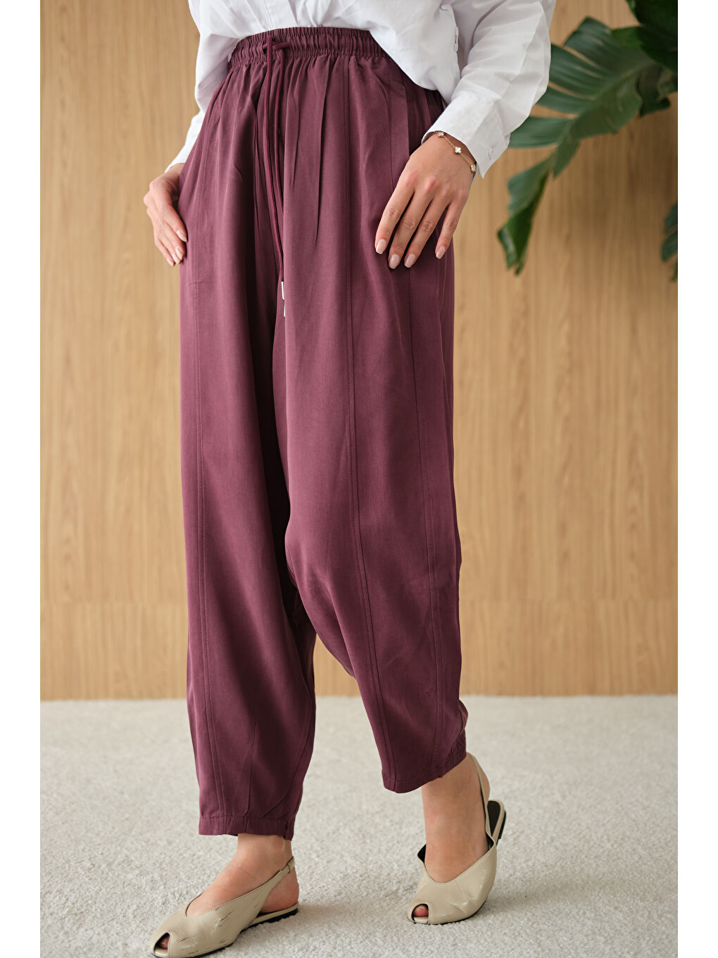 Kadın Şalvar Kesim Beli Ayarlanabilir Pantolon Mürdüm-4