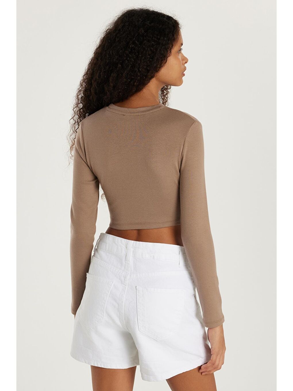 Kahverengi Kadın Slim Fit Modal Kumaş Pamuklu Bisiklet Yaka Vizon Bluz-4