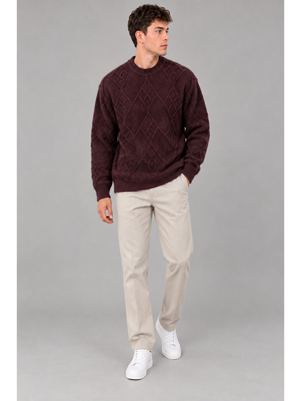 Bordo Çapraz Desen Oversize Kışlık Kazak Dp 17567_10066-2