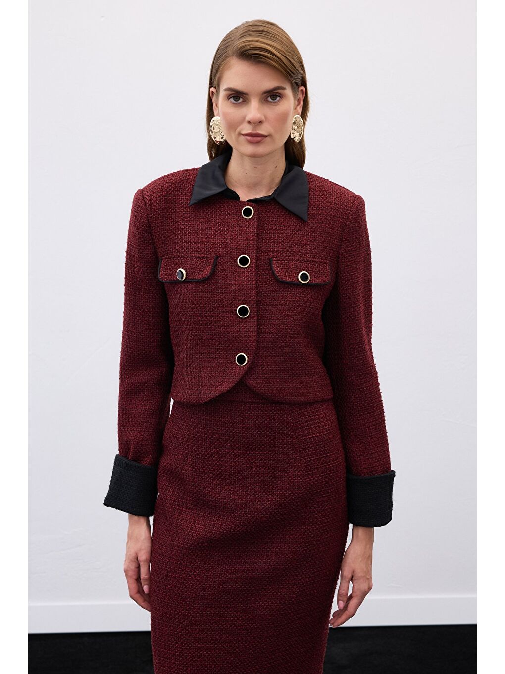 Kontrast Kısa Tüvit Ceket - Bordo-1