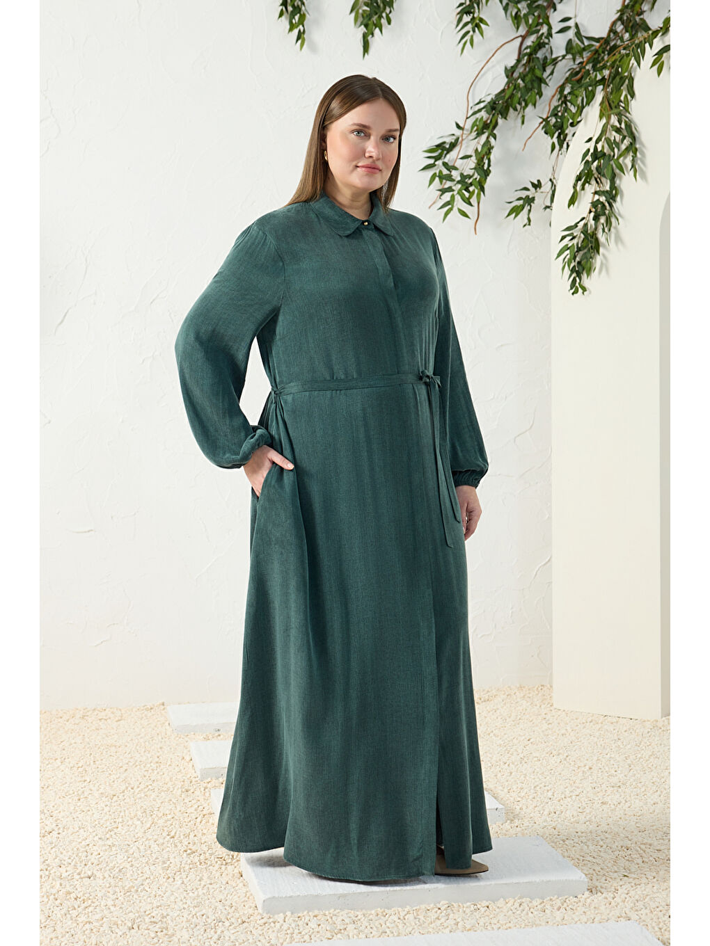 Yeşil Lastikli Gömlek Yaka Elbise-2