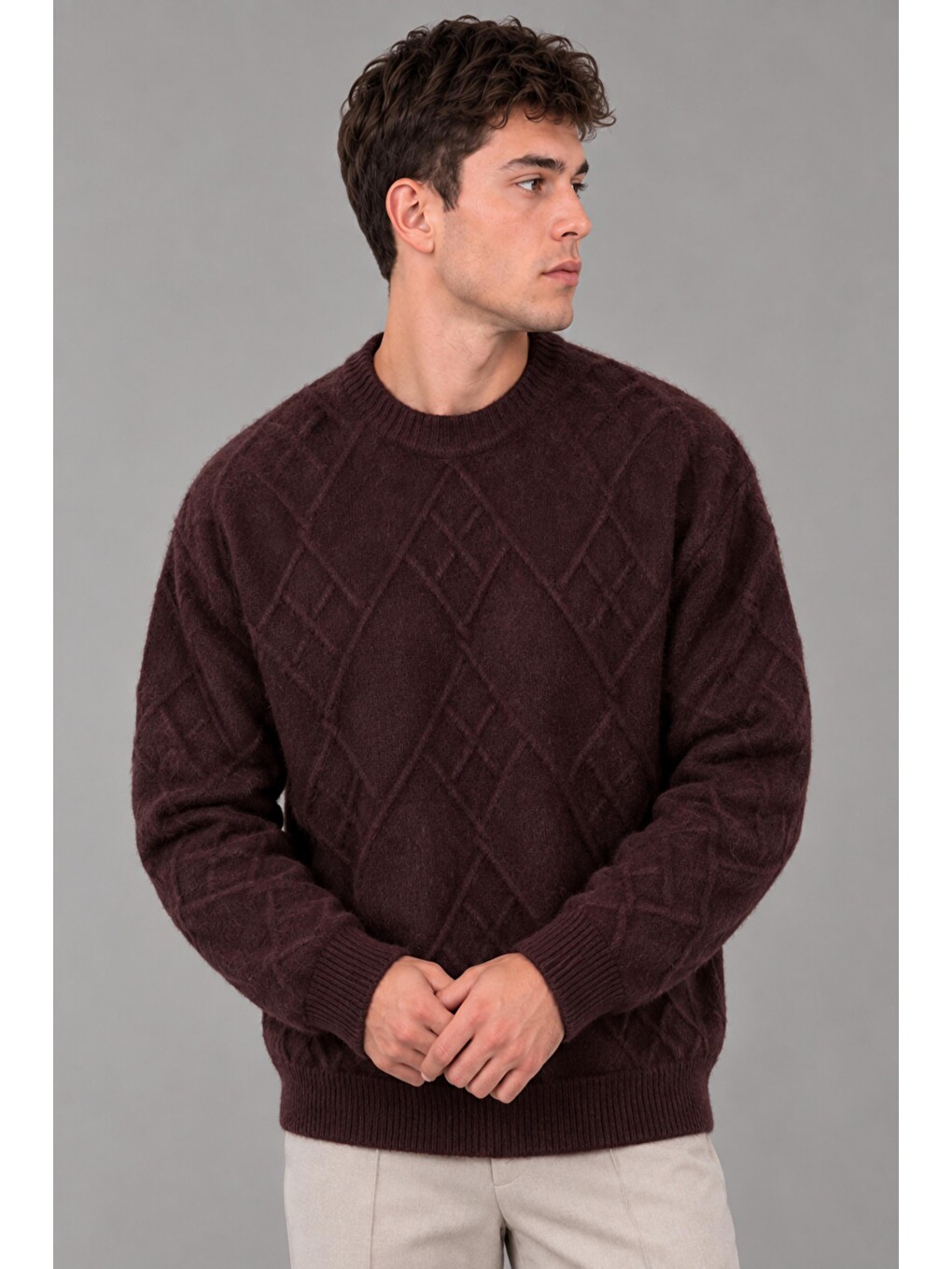 Bordo Çapraz Desen Oversize Kışlık Kazak Dp 17567_10066-3
