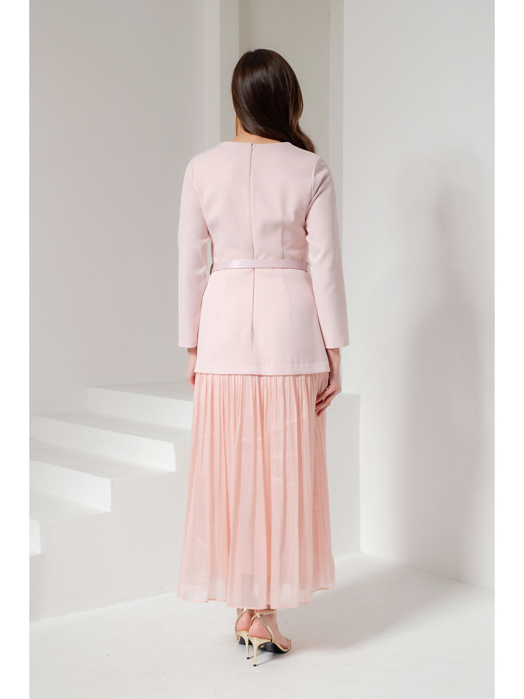 Pembe Kadın Pudra Kemerli Midi Abiye Elbise-5
