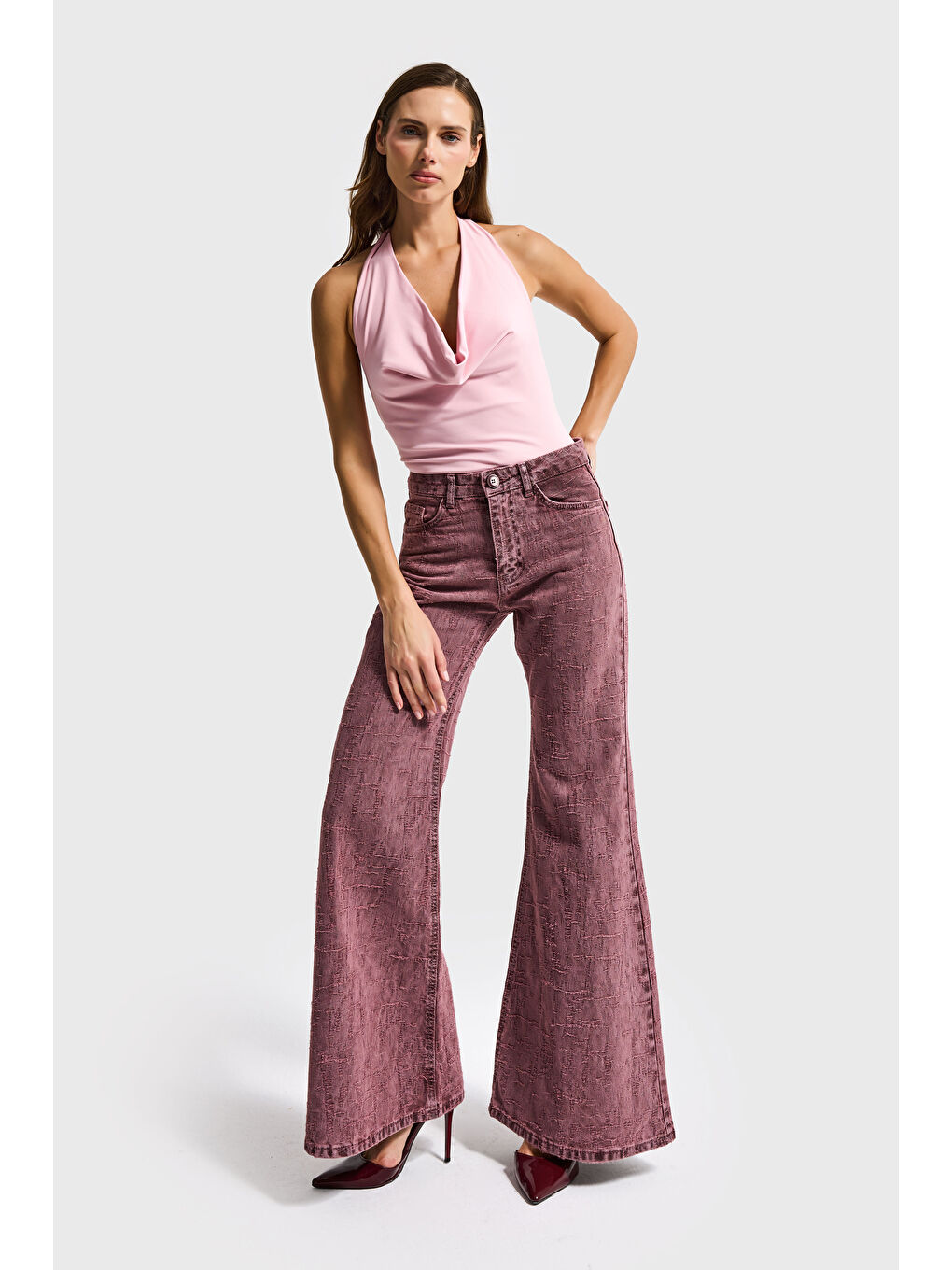 Pembe Kadın Gül Kurusu Renk 6s6-98 Flare Fit Özel Kumaş Tasarım Denim Jean-1