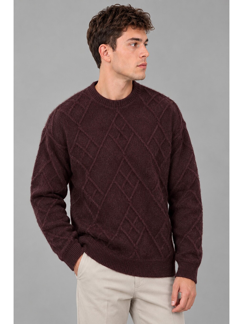 Bordo Çapraz Desen Oversize Kışlık Kazak Dp 17567_10066-4