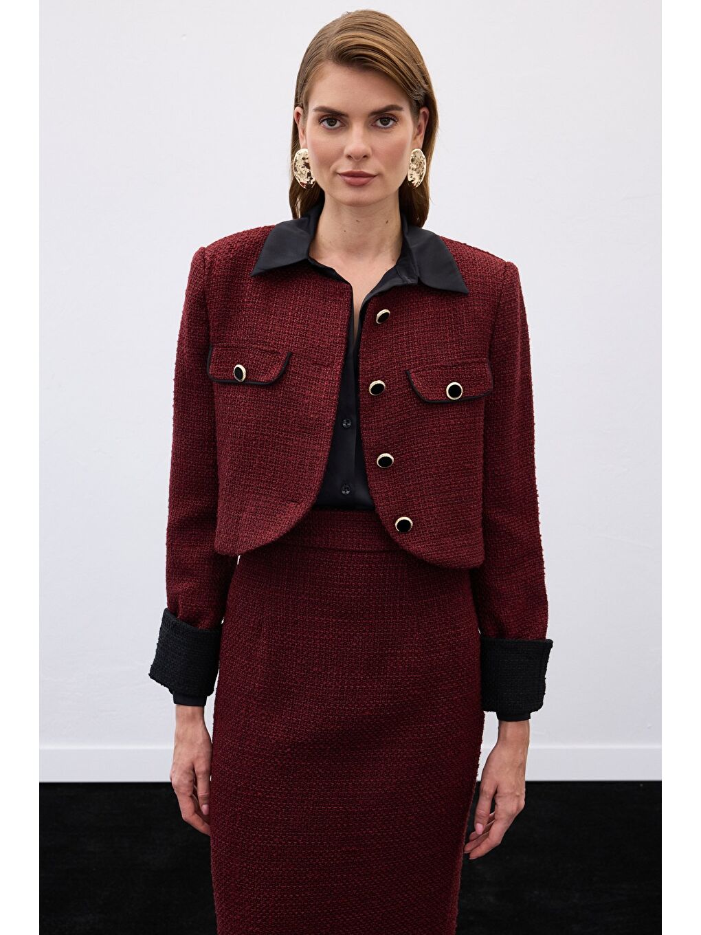 Kontrast Kısa Tüvit Ceket - Bordo-2