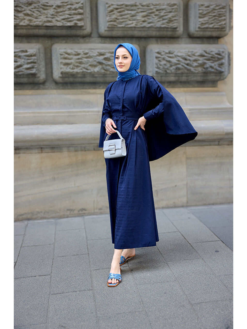 Kadın Pelerinli Elbise Lacivert-4