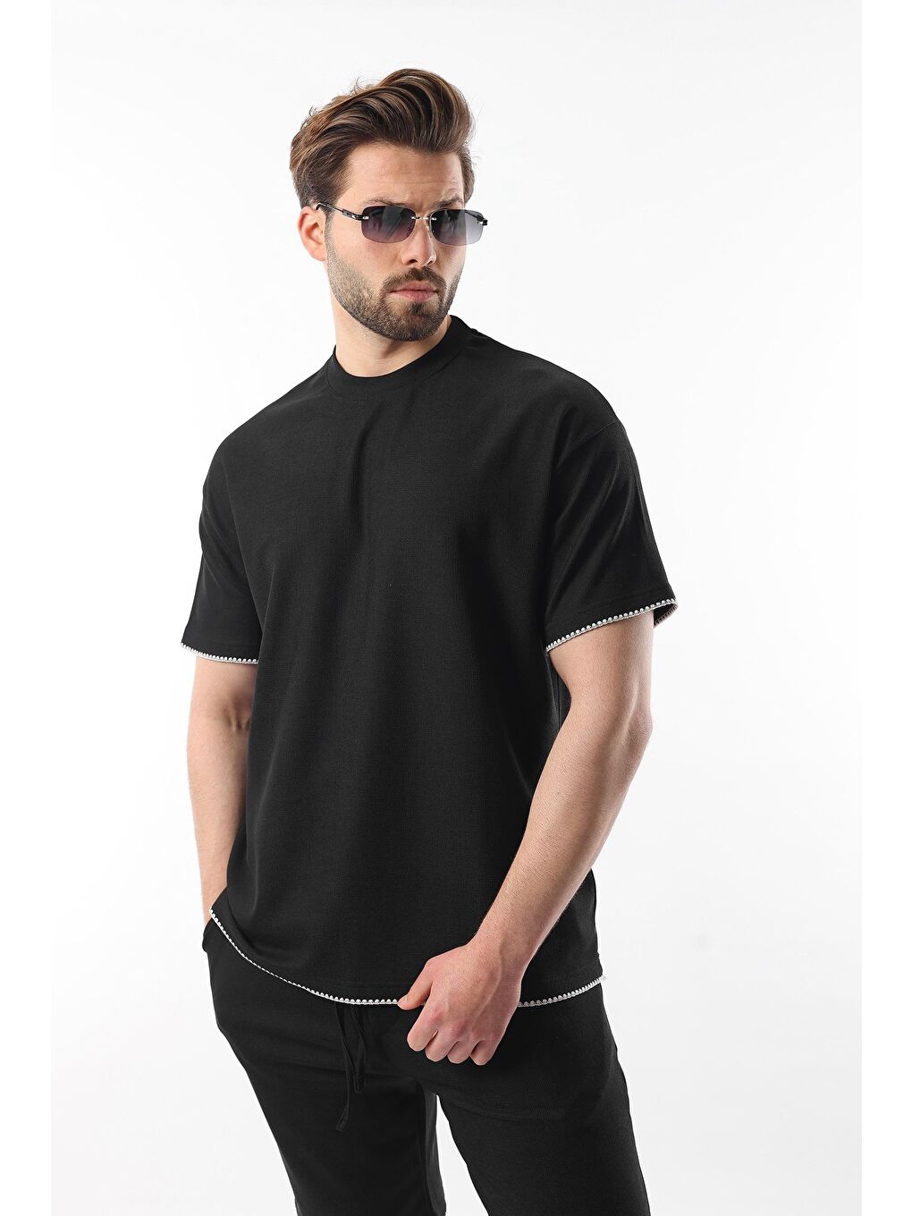 Siyah Nakış Detaylı Erkek Şort Tişört Takım E7305