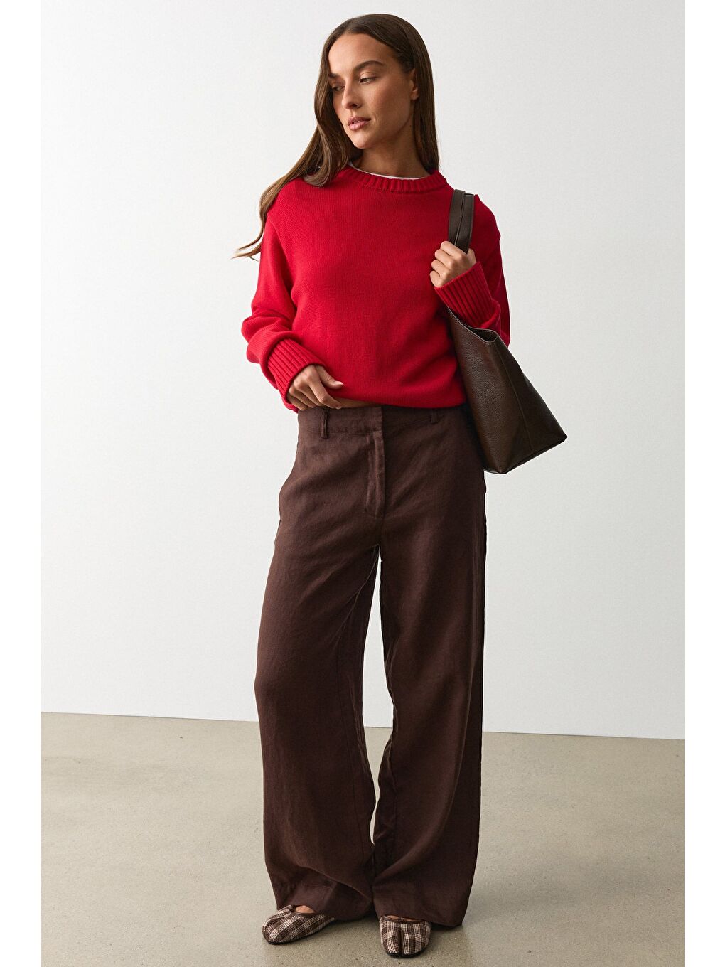 Kahverengi Yüksek Bel Keten Wide Leg Pantolon Mg2718