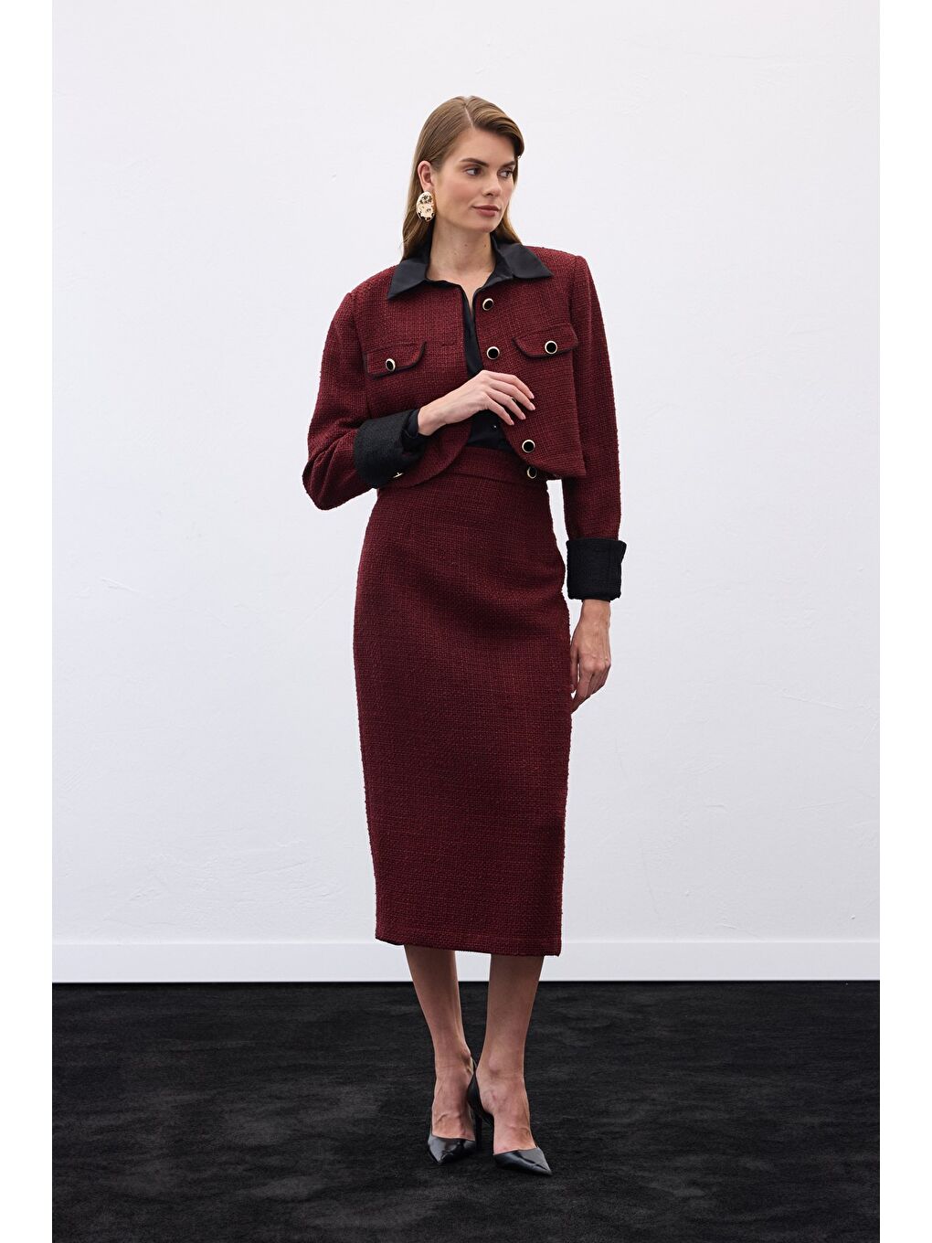 Kontrast Kısa Tüvit Ceket - Bordo-3