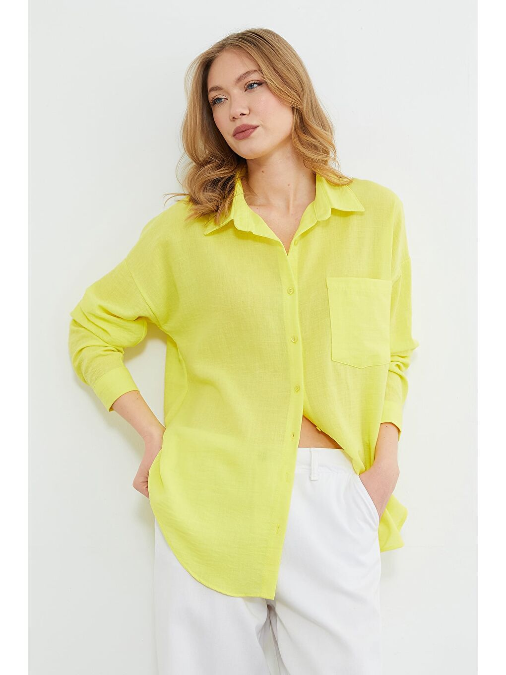 Sarı Basic Tek Cepli Oversize Gömlek-2