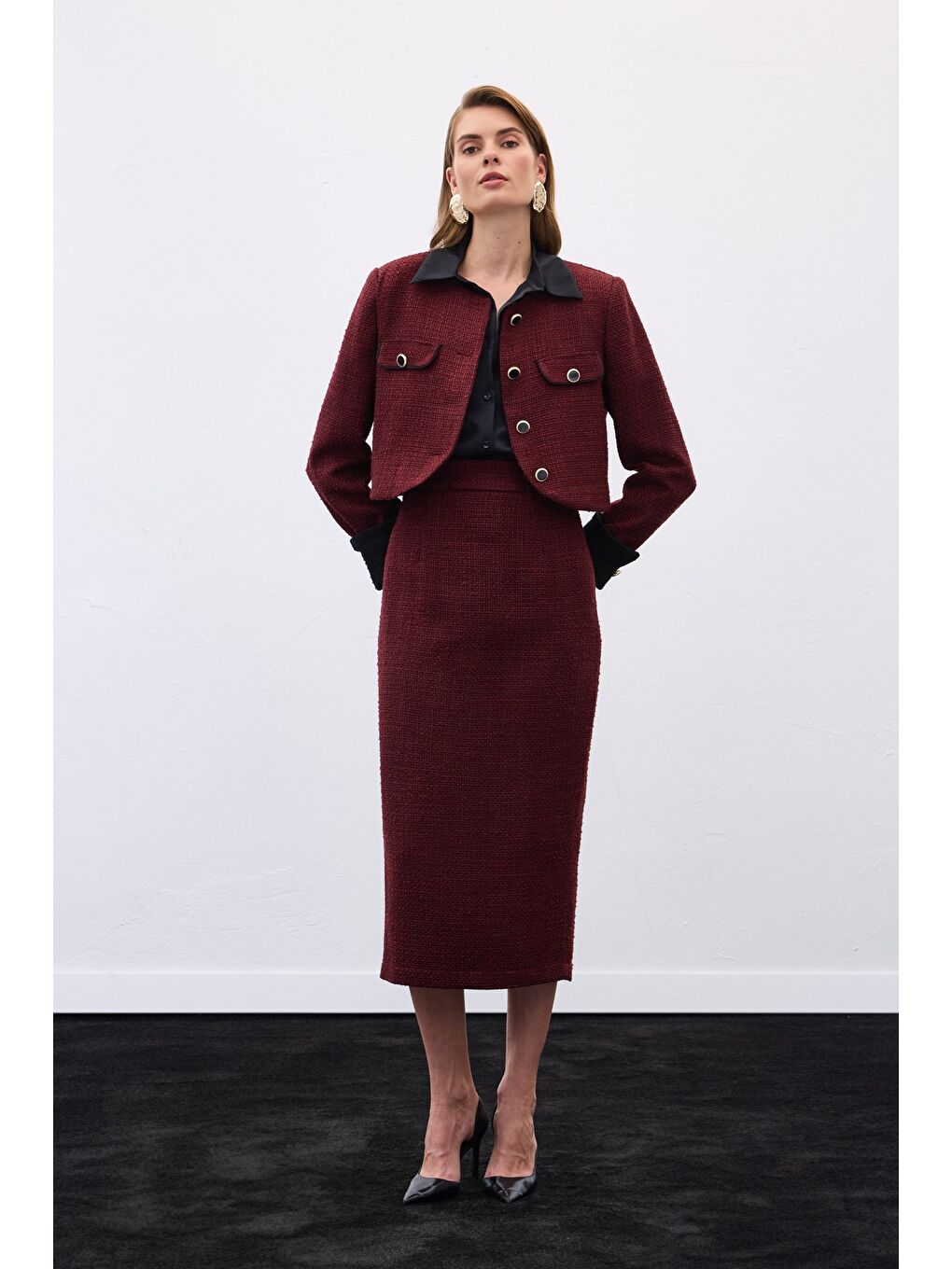 Kontrast Kısa Tüvit Ceket - Bordo-4