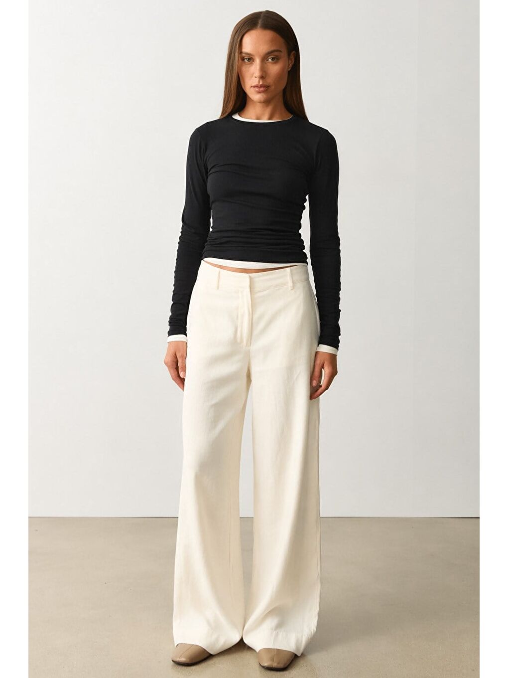 Ekru Yüksek Bel Keten Wide Leg Pantolon Mg2718