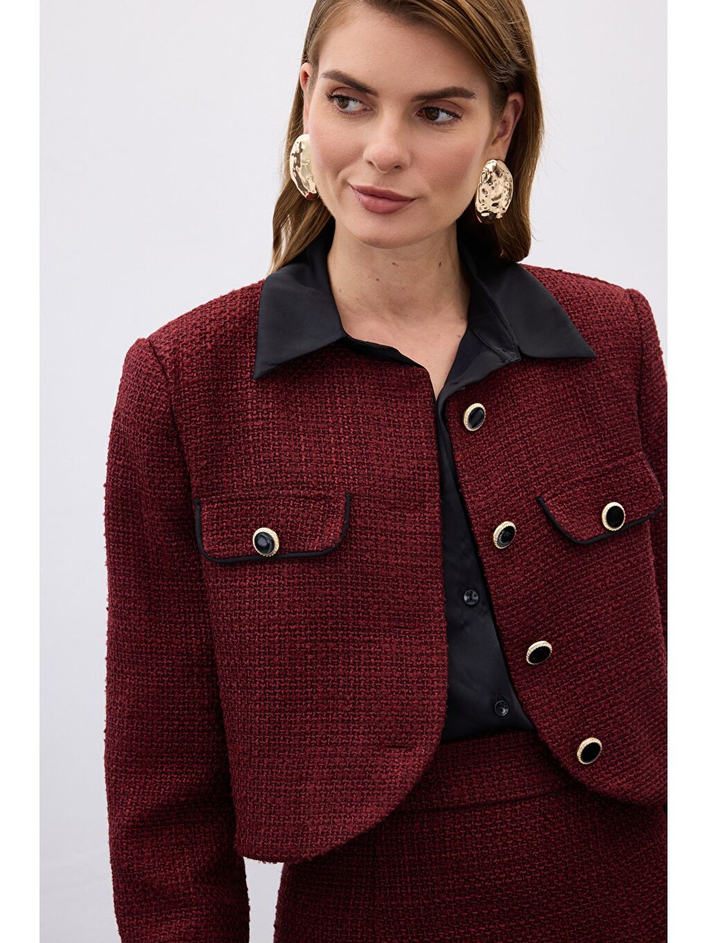 Kontrast Kısa Tüvit Ceket - Bordo-5