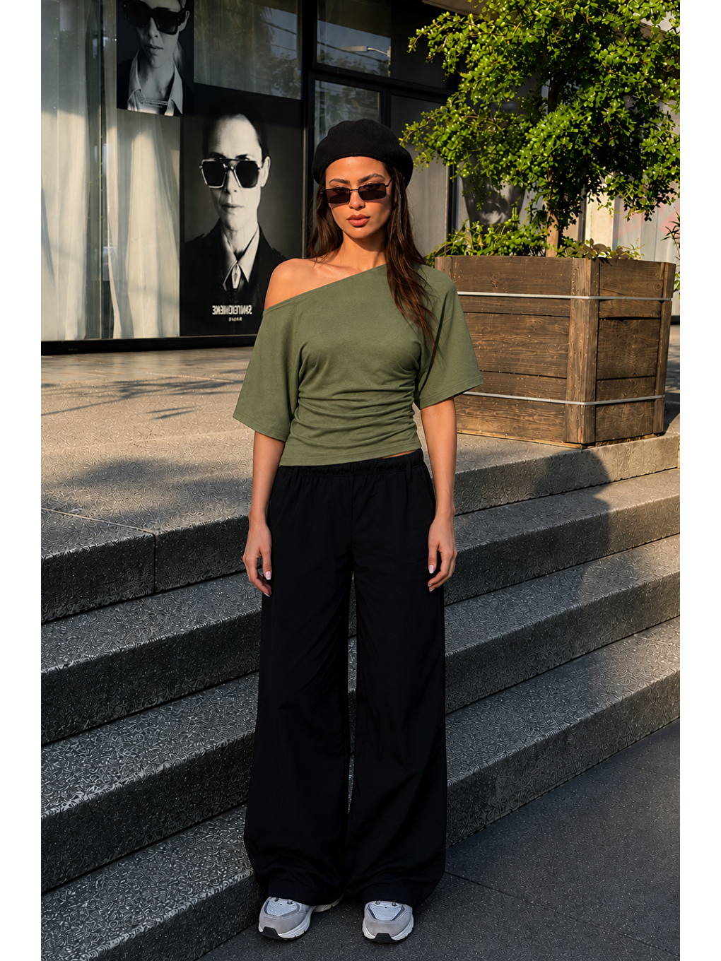 Kadın Günlük Casual Dar Haki Crop Bluz-1