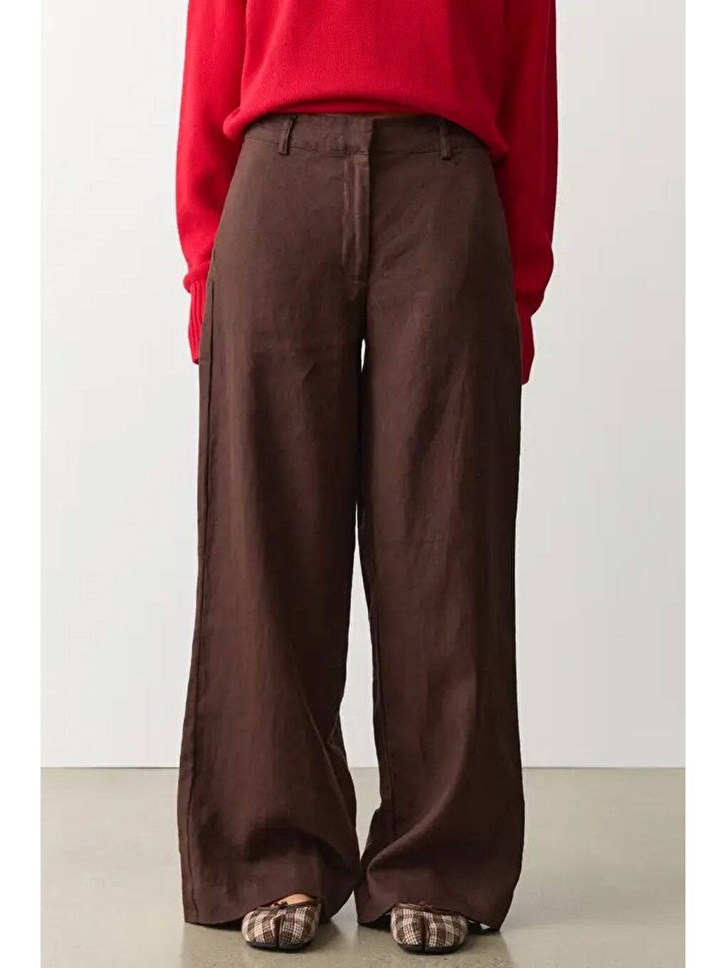 Kahverengi Yüksek Bel Keten Wide Leg Pantolon Mg2718-1