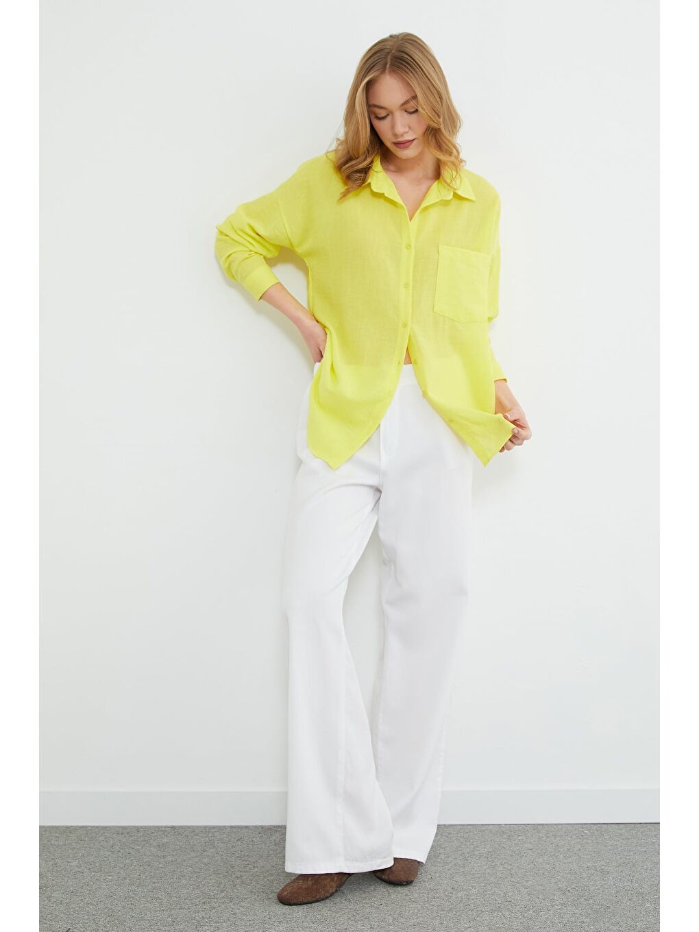 Sarı Basic Tek Cepli Oversize Gömlek-4