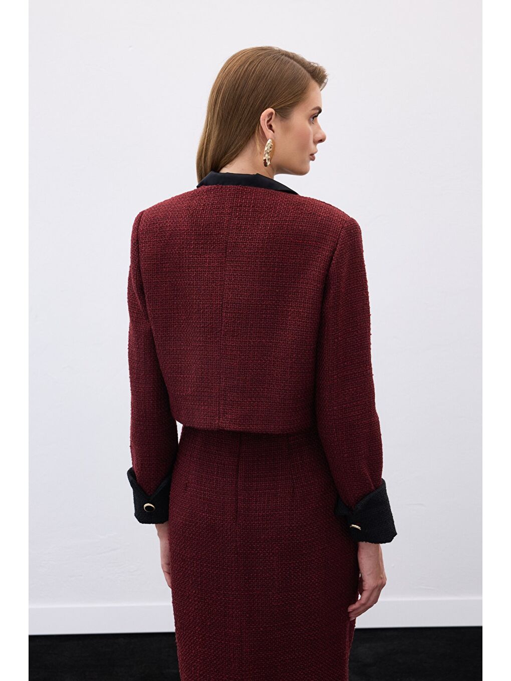 Kontrast Kısa Tüvit Ceket - Bordo-6