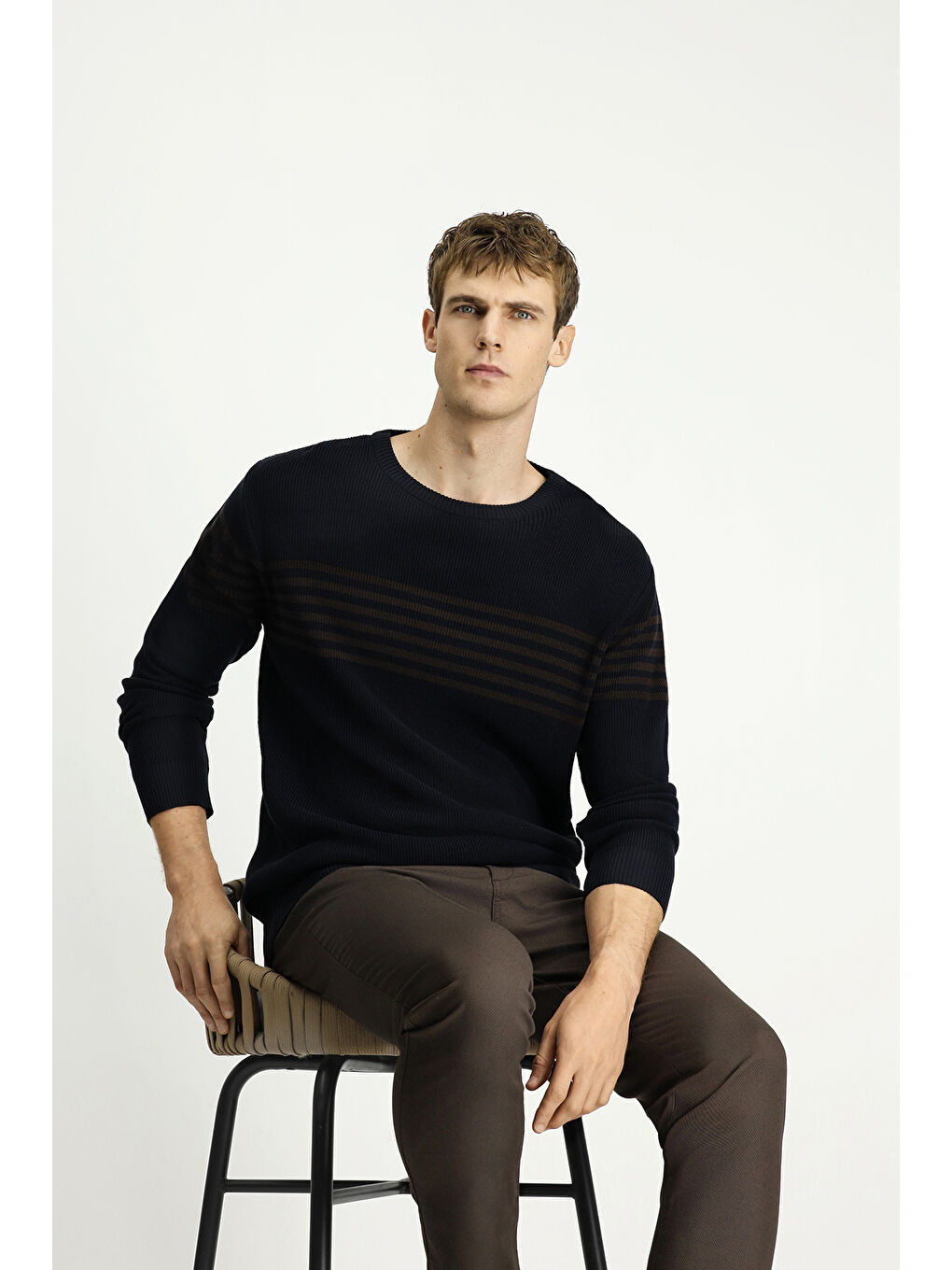 Lacivert Bisiklet Yaka Regular Fit Çizgili Triko Kazak