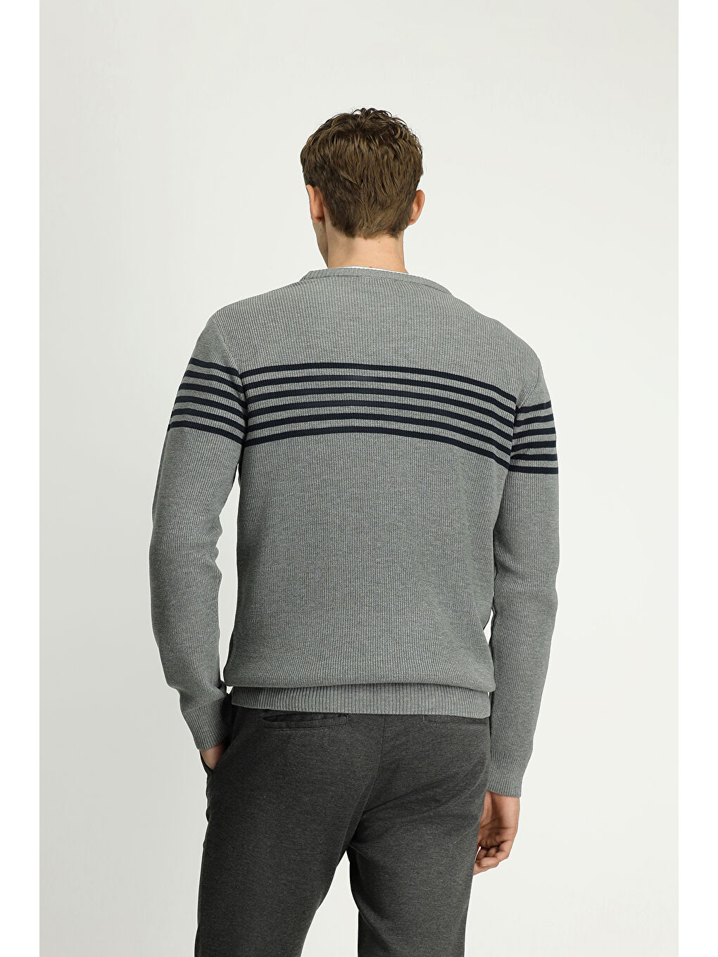 Gri Bisiklet Yaka Regular Fit Çizgili Triko Kazak-5