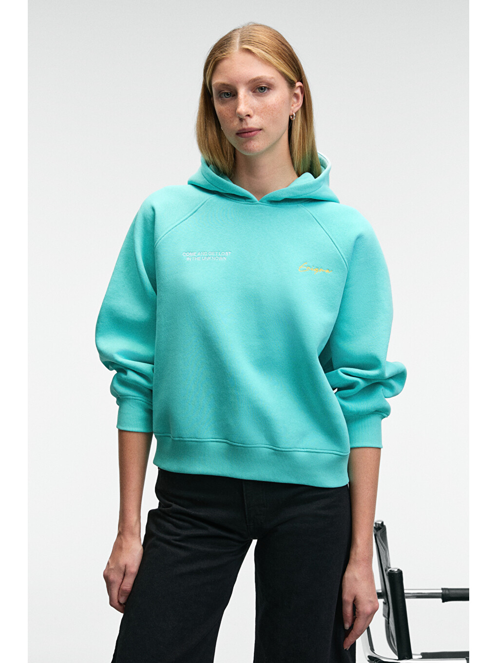Orınque Kadın Kapüşonlu Baskı Ve Nakış Detaylı Oversize Turkuaz Sweatshirt-1