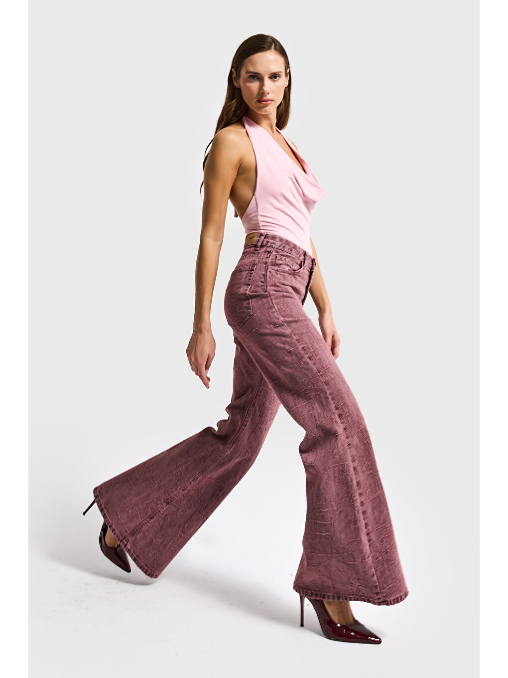 Pembe Kadın Gül Kurusu Renk 6s6-98 Flare Fit Özel Kumaş Tasarım Denim Jean-4