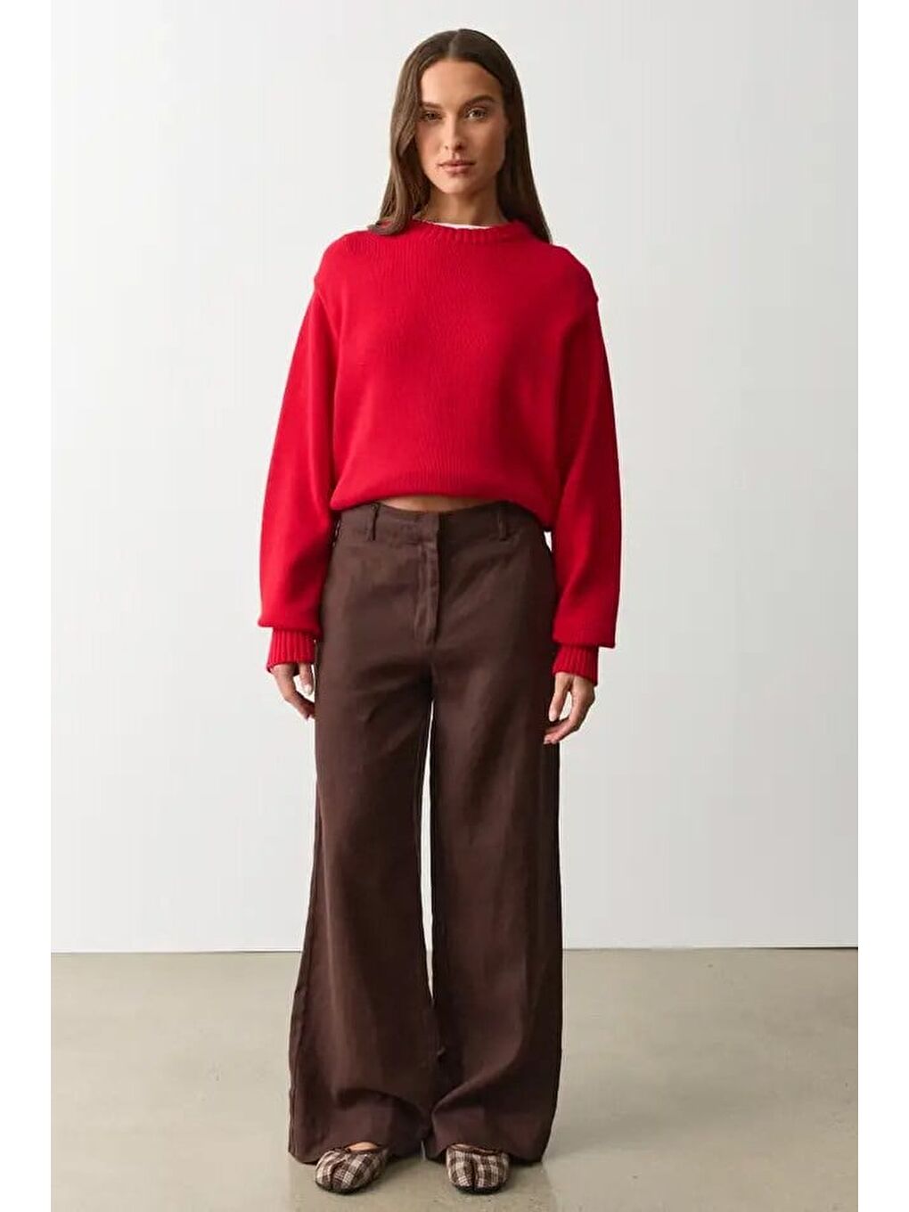 Kahverengi Yüksek Bel Keten Wide Leg Pantolon Mg2718-2