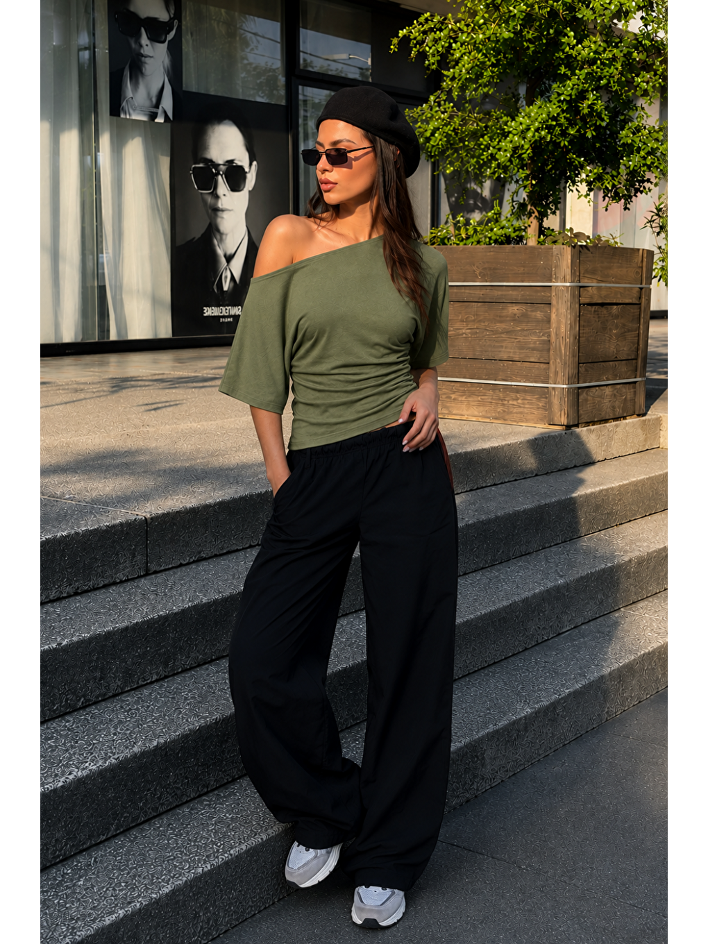 Kadın Günlük Casual Dar Haki Crop Bluz-3