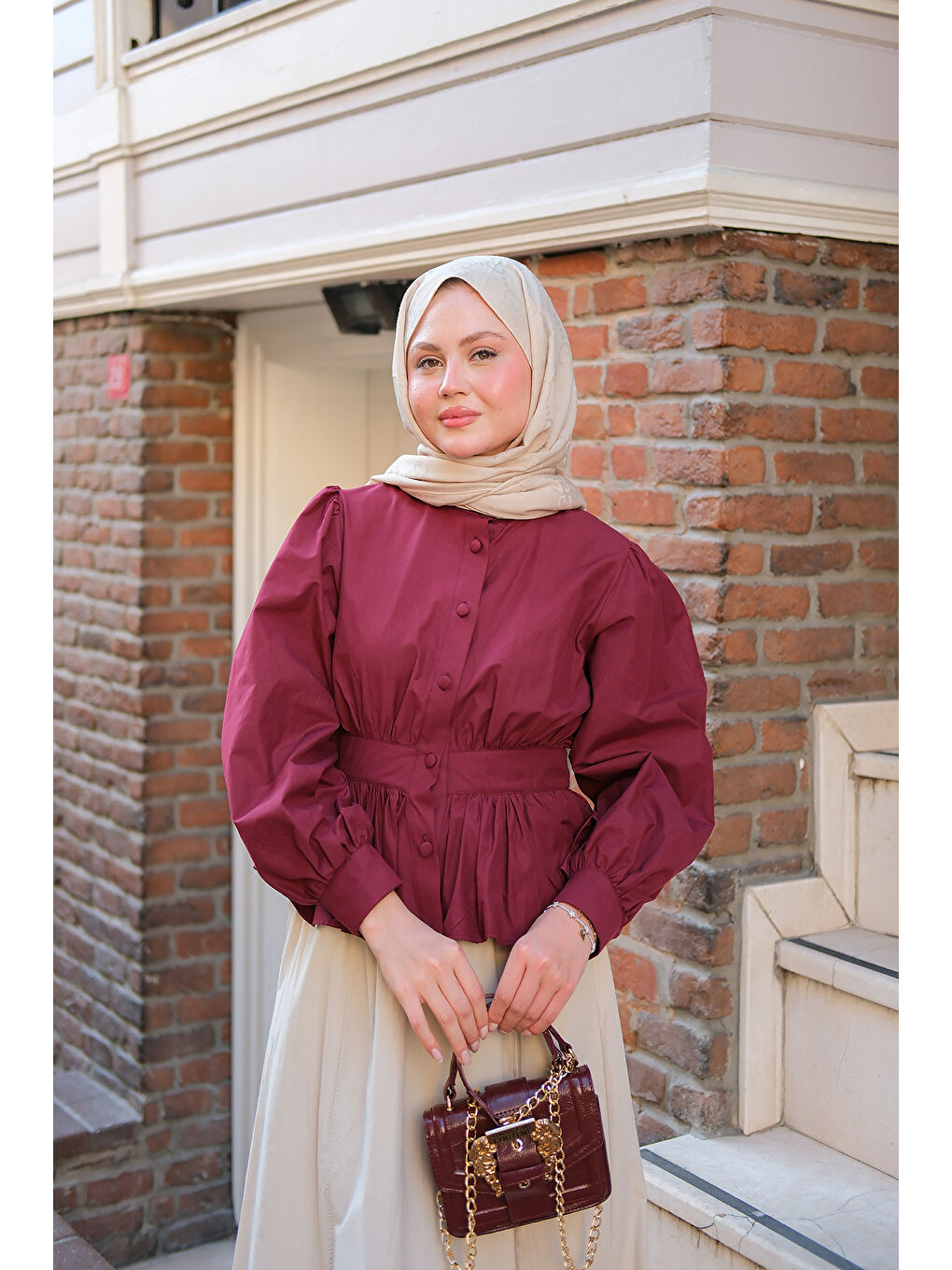 Kadın Beli Büzgü Detaylı Gömlek Bordo-1