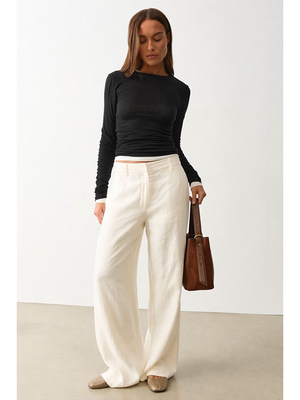 Ekru Yüksek Bel Keten Wide Leg Pantolon Mg2718-1