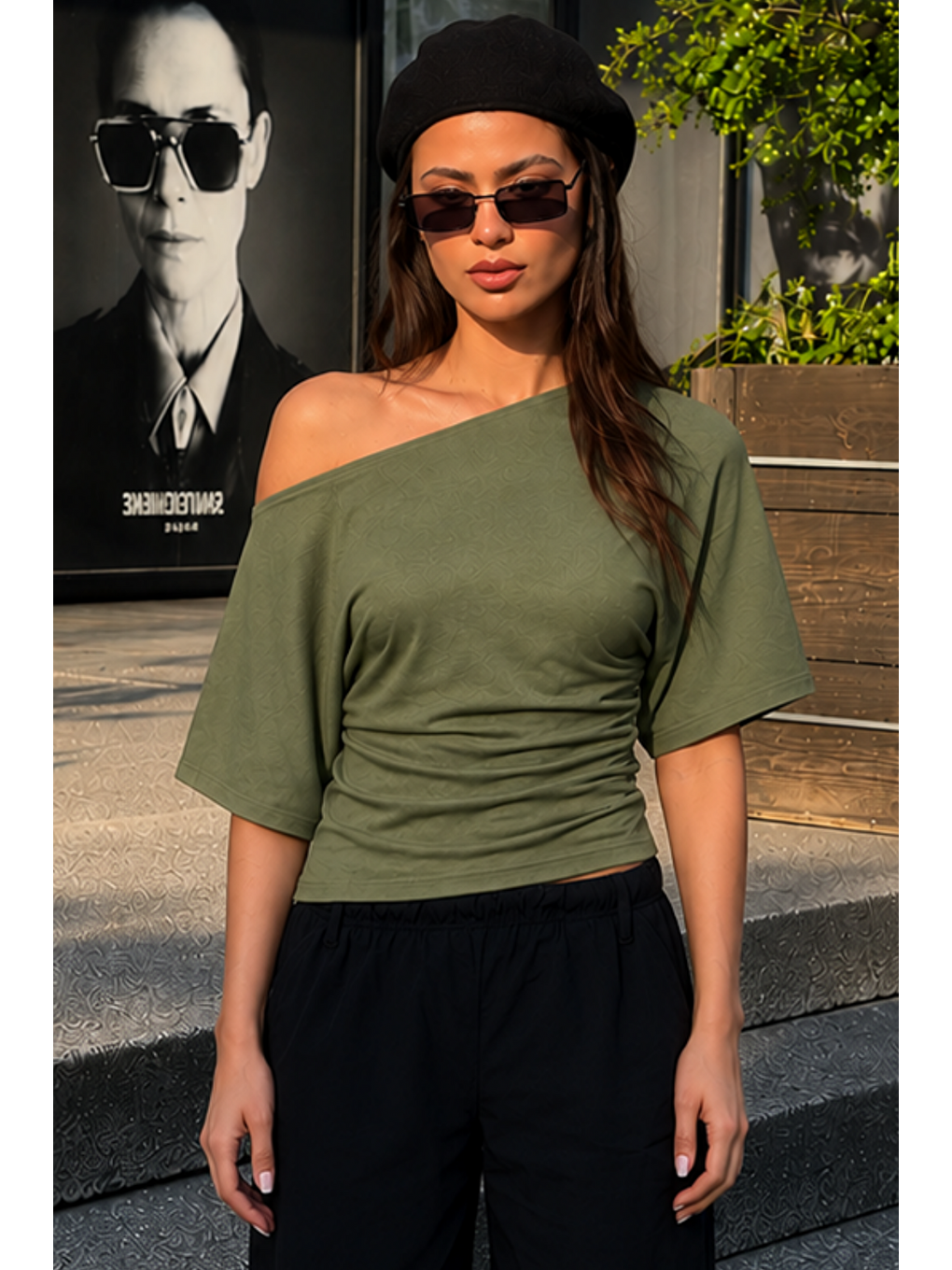 Kadın Günlük Casual Dar Haki Crop Bluz-4