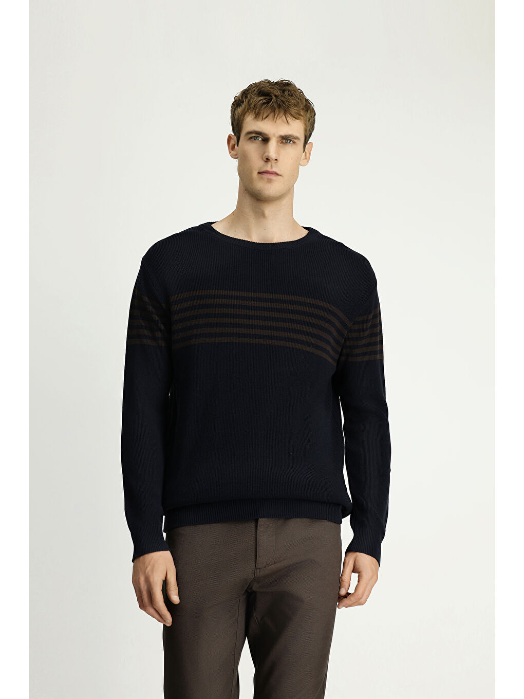 Lacivert Bisiklet Yaka Regular Fit Çizgili Triko Kazak-1