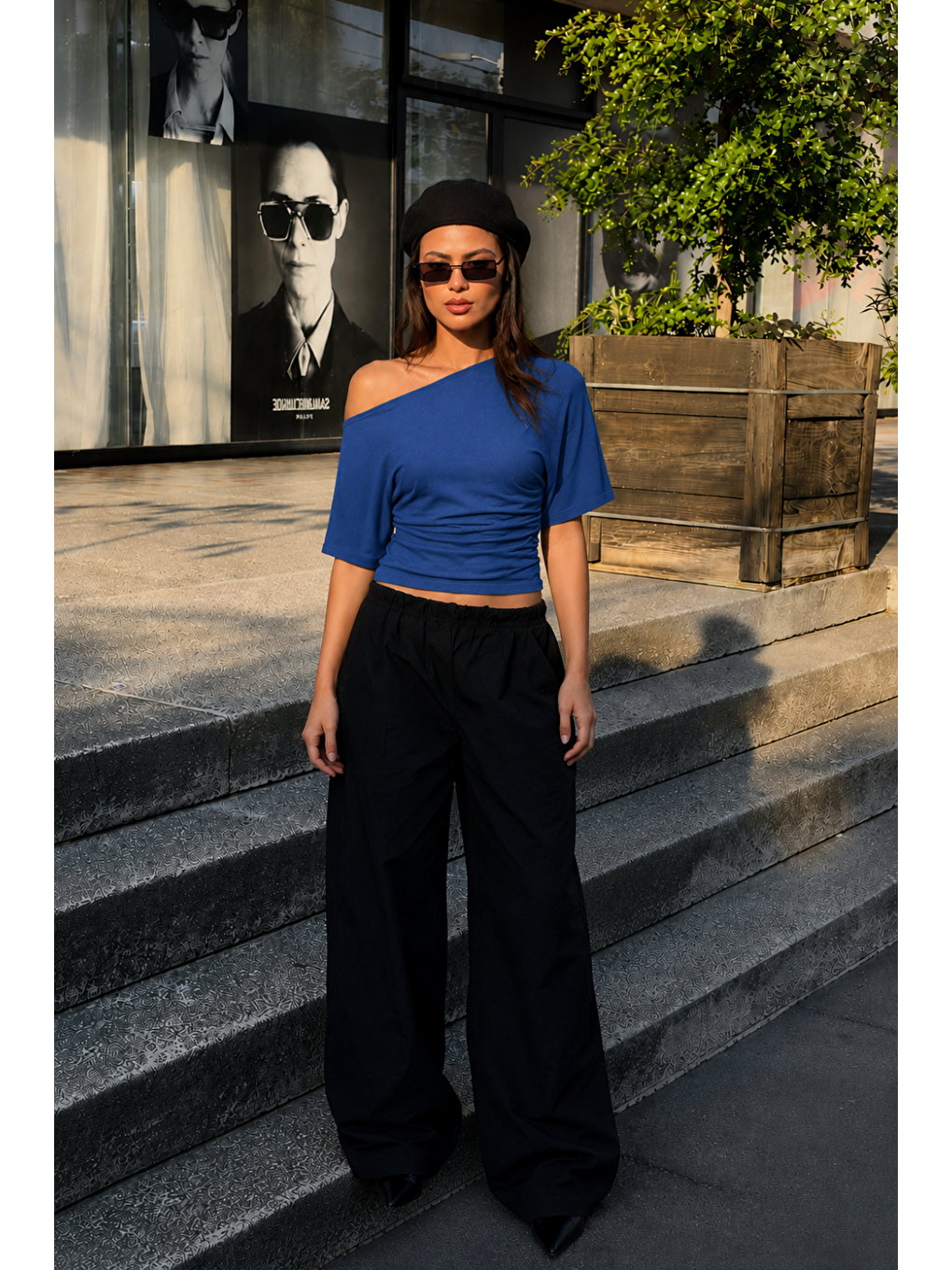Kadın Günlük Casual Dar Mavi Crop Bluz-1