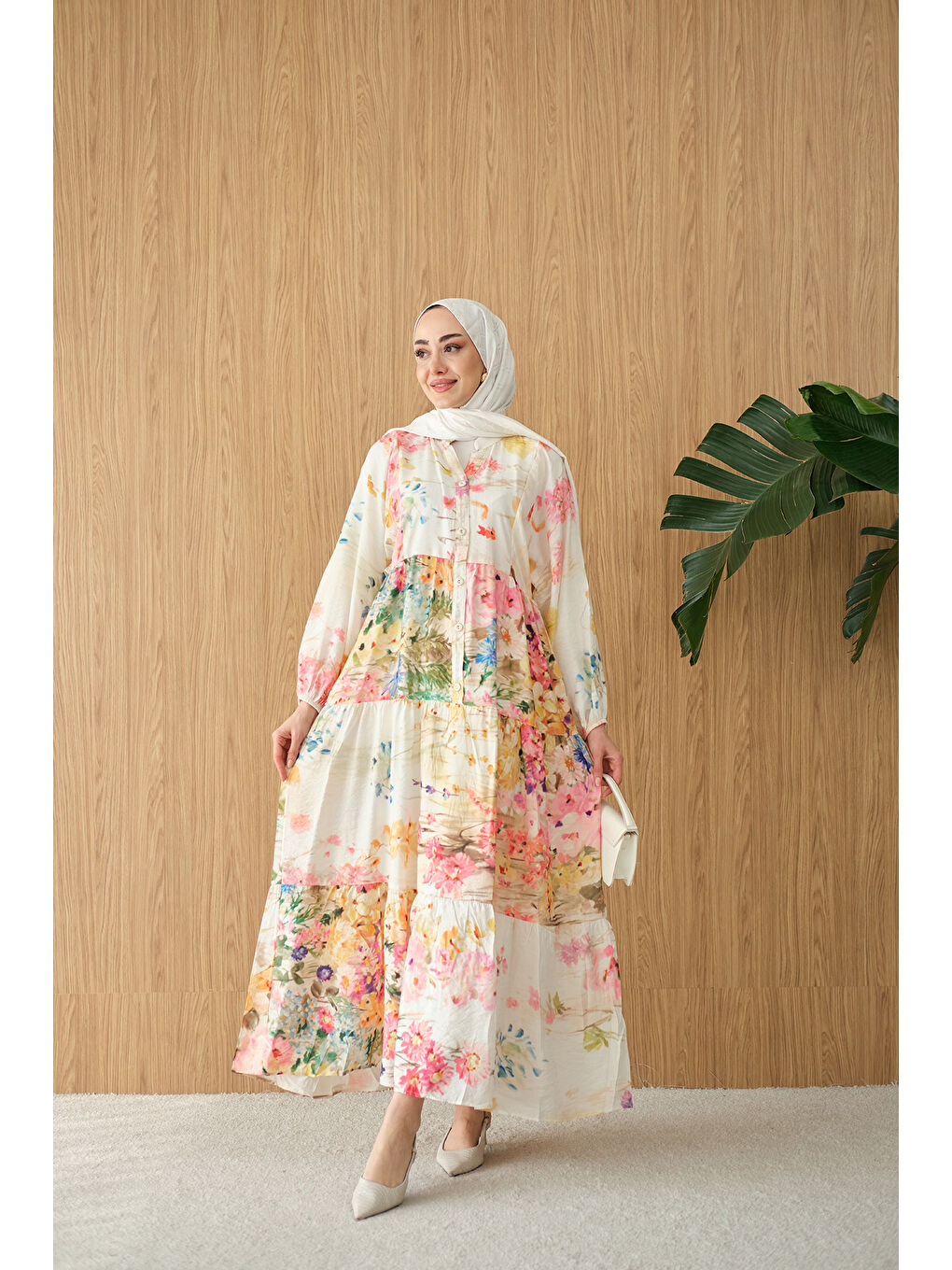 Ekru Kadın Sulu Boya Desen Elbise Krem-1