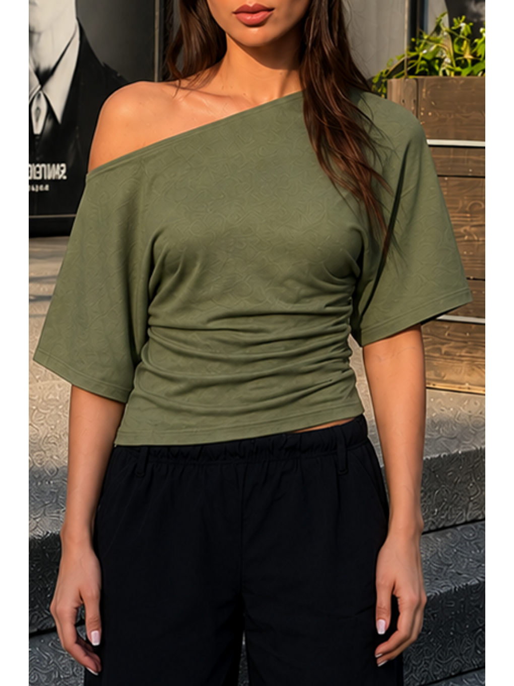 Kadın Günlük Casual Dar Haki Crop Bluz-5