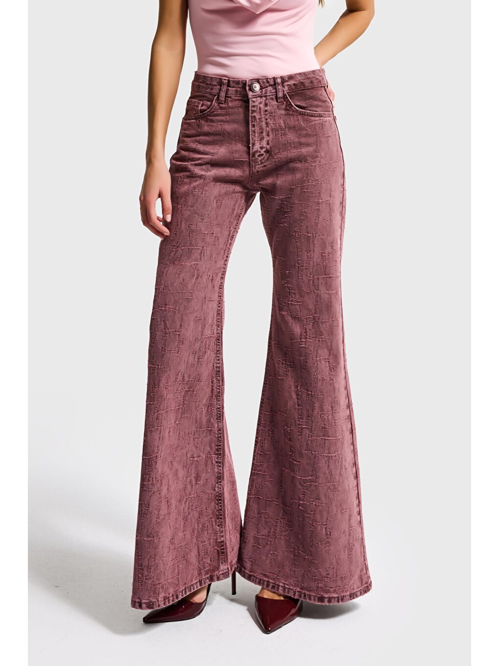 Pembe Kadın Gül Kurusu Renk 6s6-98 Flare Fit Özel Kumaş Tasarım Denim Jean-5