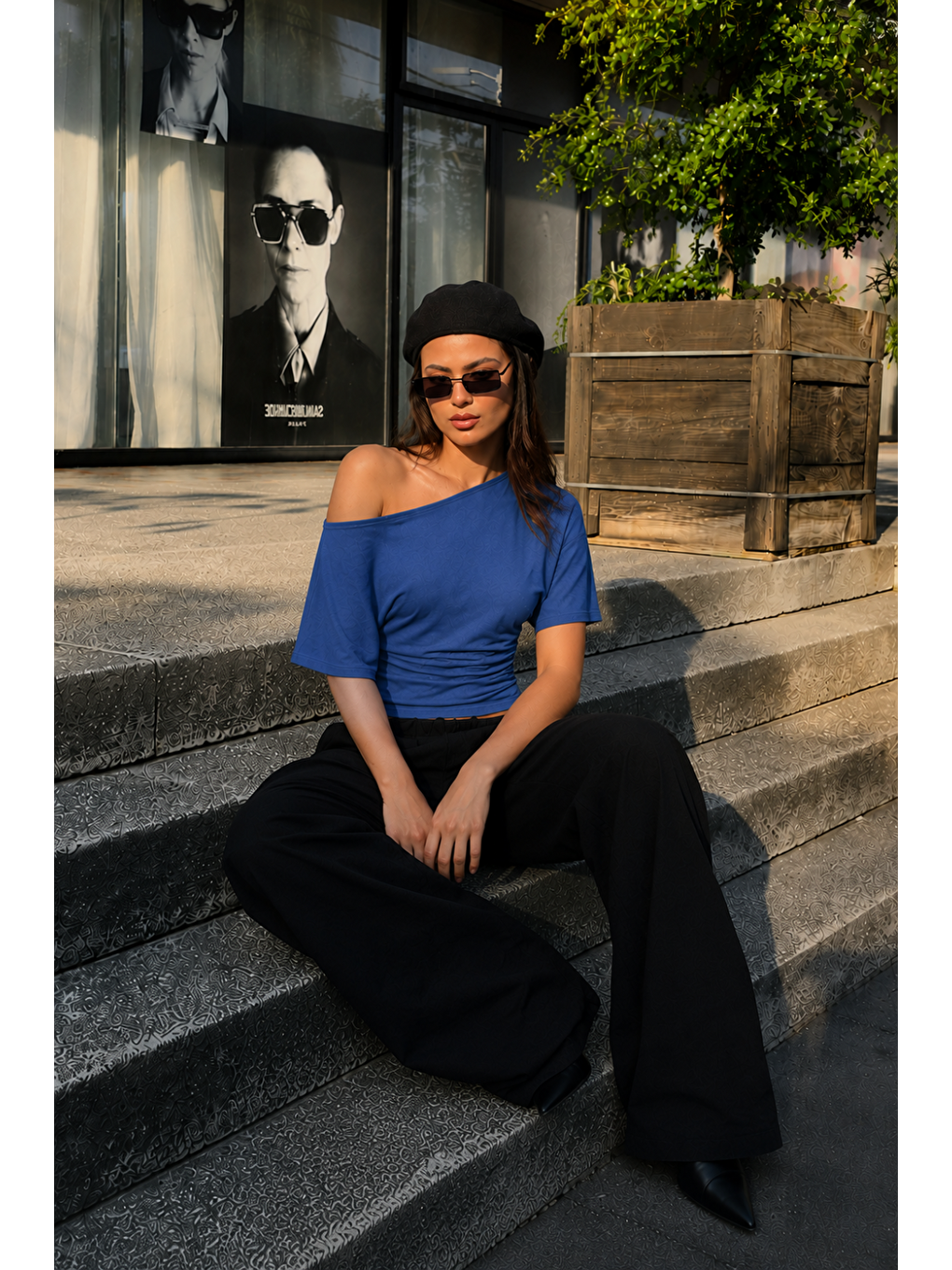 Kadın Günlük Casual Dar Mavi Crop Bluz-2