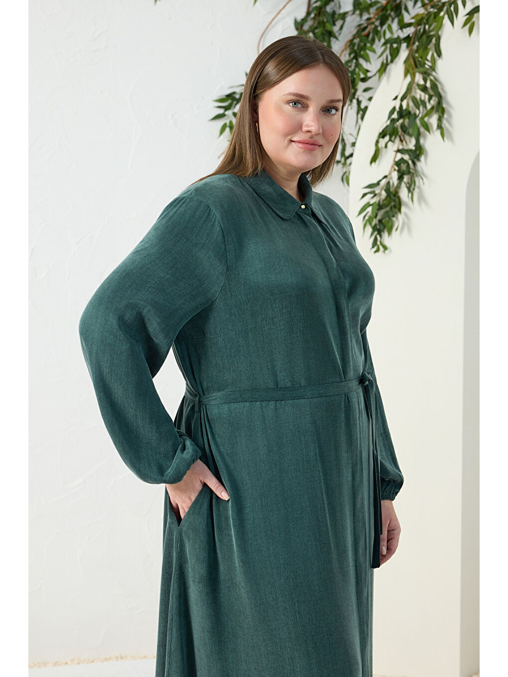 Yeşil Lastikli Gömlek Yaka Elbise-4