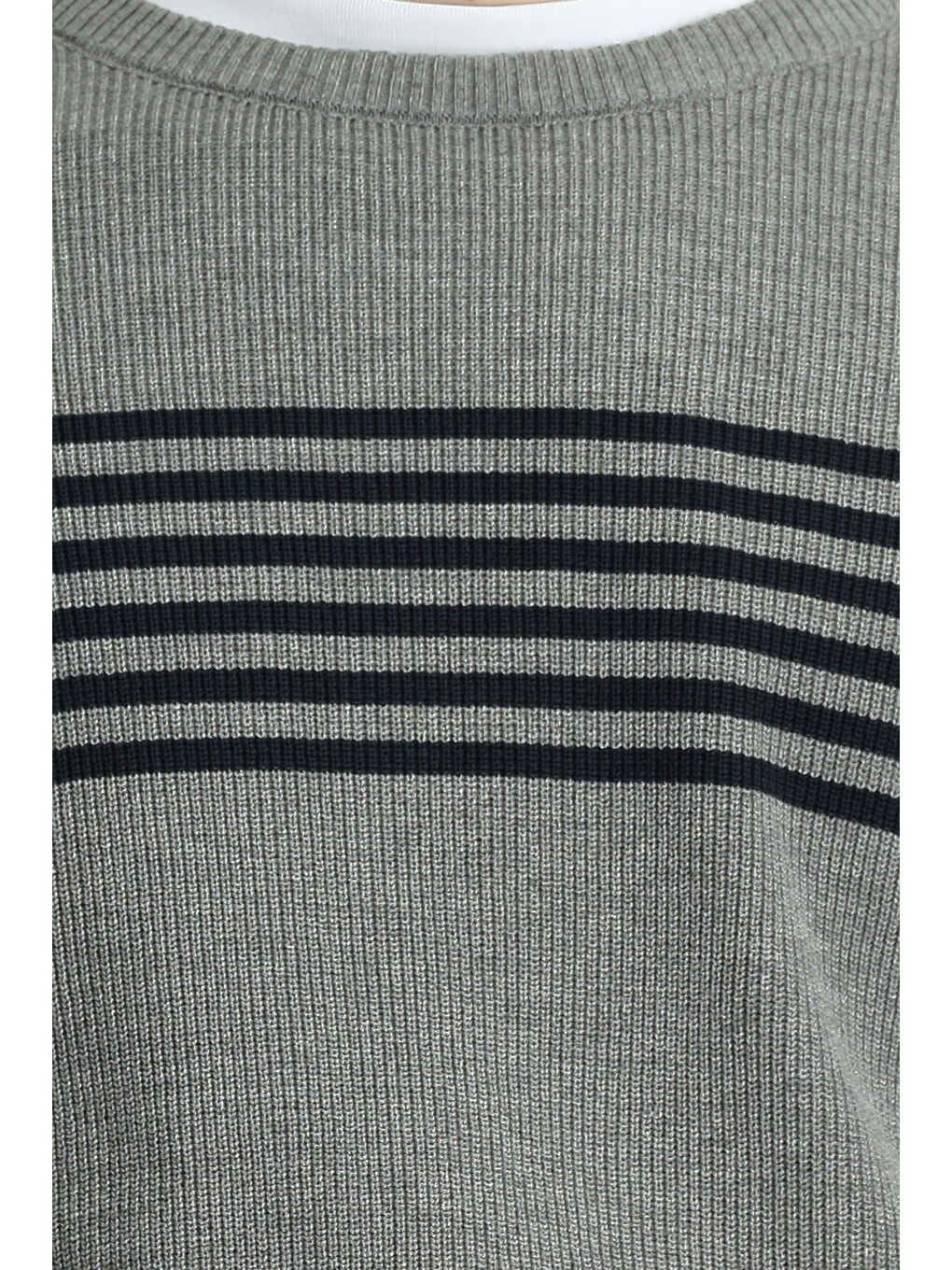 Gri Bisiklet Yaka Regular Fit Çizgili Triko Kazak-6