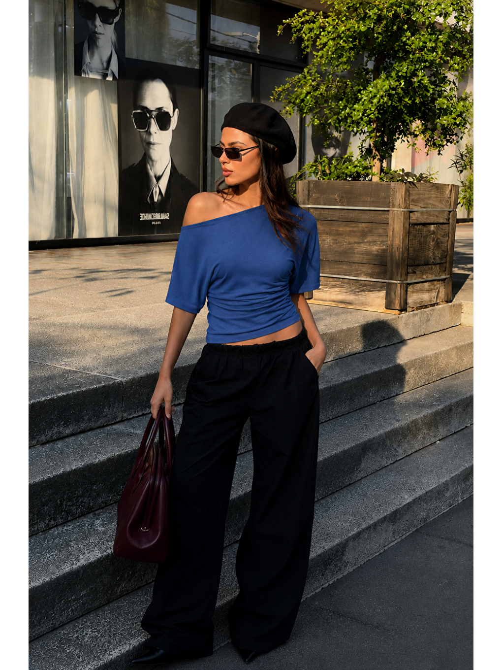 Kadın Günlük Casual Dar Mavi Crop Bluz-3