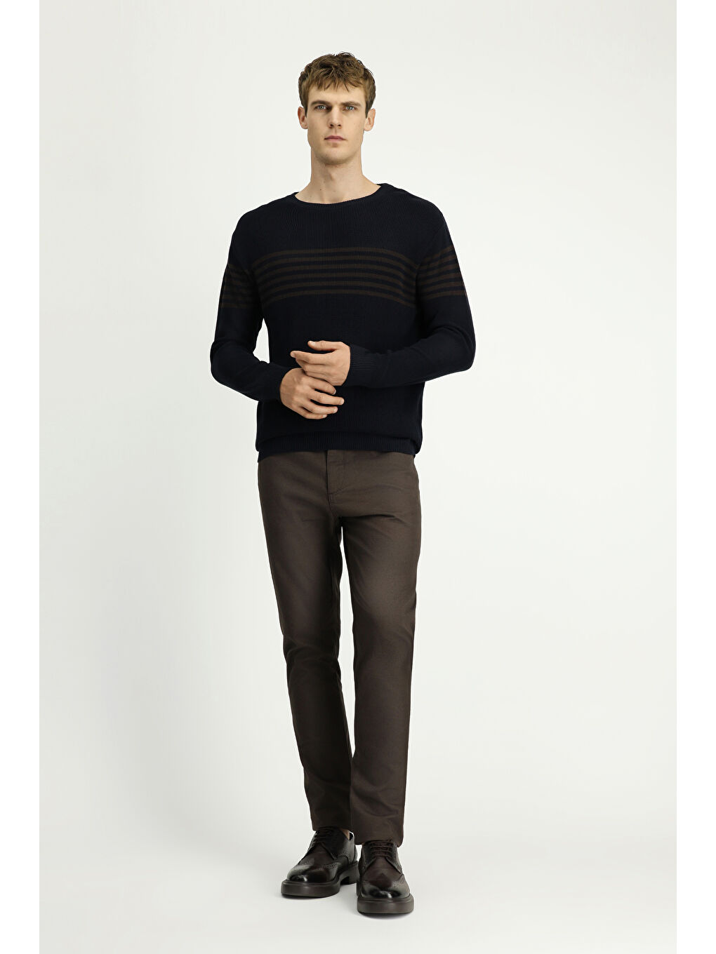 Lacivert Bisiklet Yaka Regular Fit Çizgili Triko Kazak-2