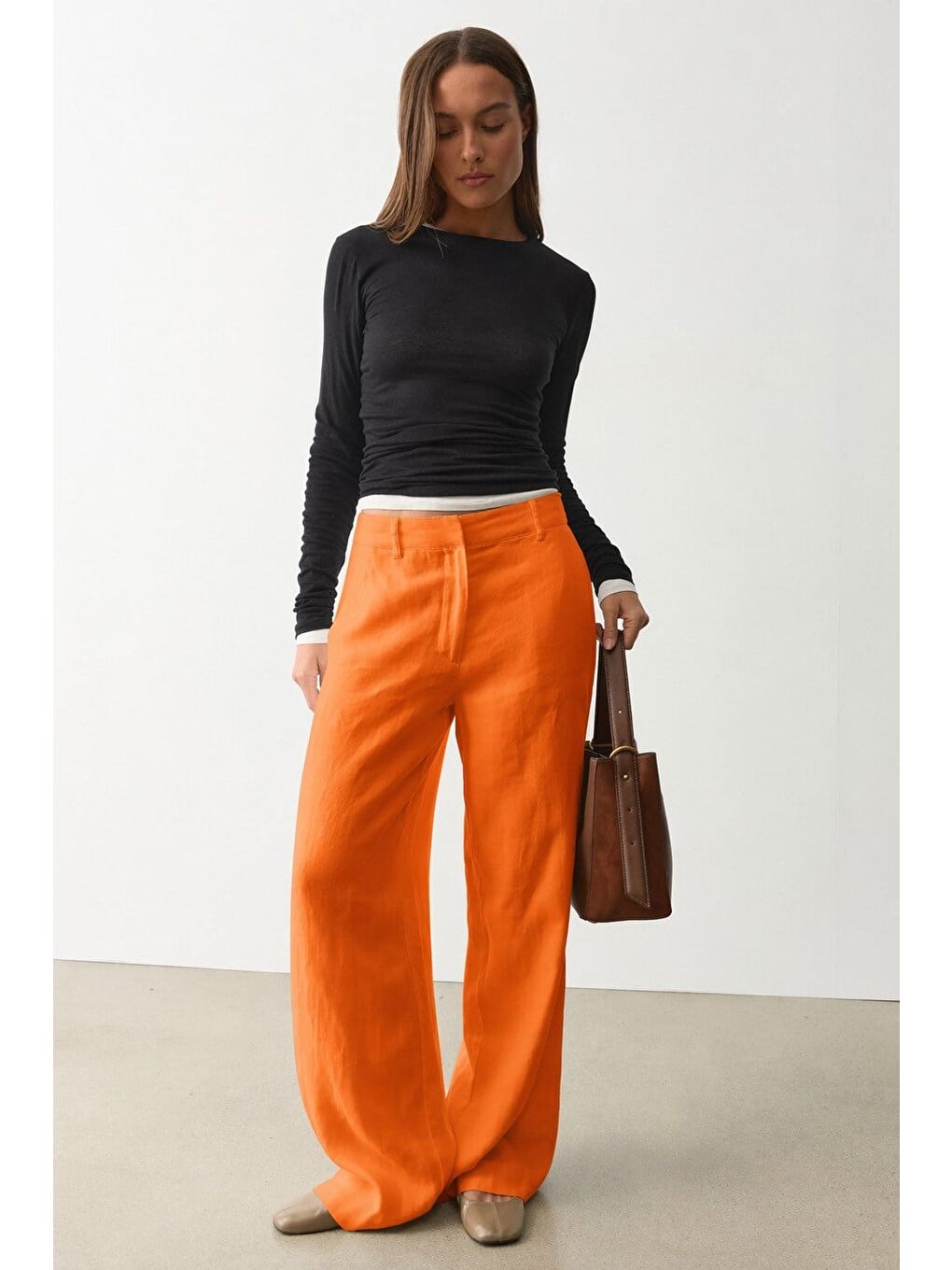 Turuncu Yüksek Bel Keten Wide Leg Pantolon Mg2718