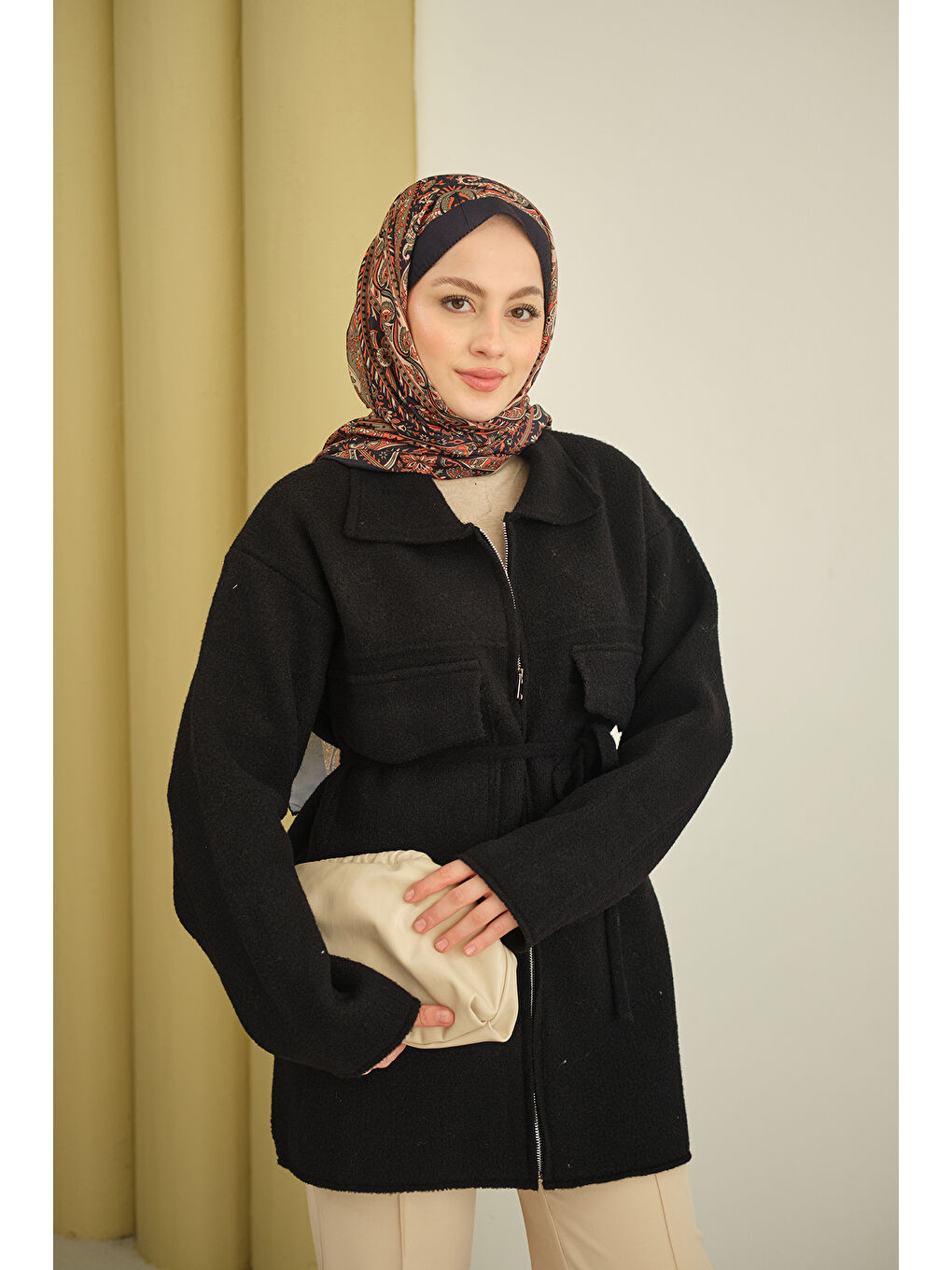 Kadın Cepli Keçe Hırka Siyah