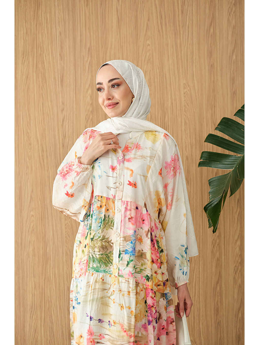 Ekru Kadın Sulu Boya Desen Elbise Krem-2