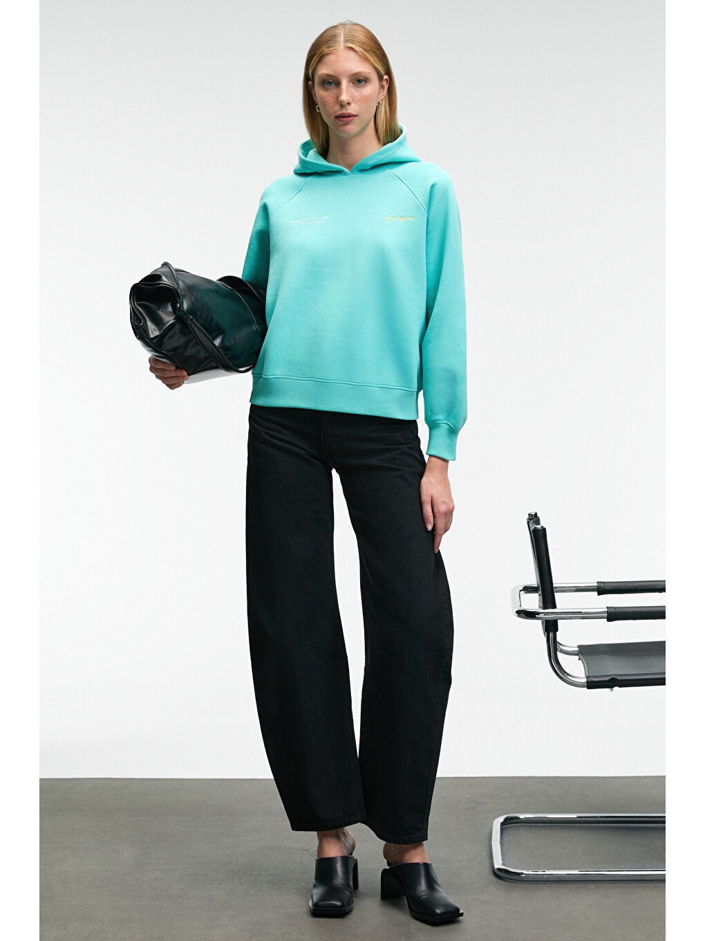 Orınque Kadın Kapüşonlu Baskı Ve Nakış Detaylı Oversize Turkuaz Sweatshirt-2