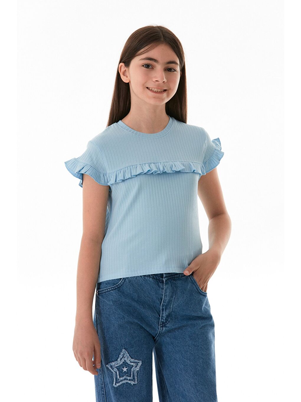 Mavi Fitilli Önü Fırfırlı Elastanlı Kız Çocuk Body